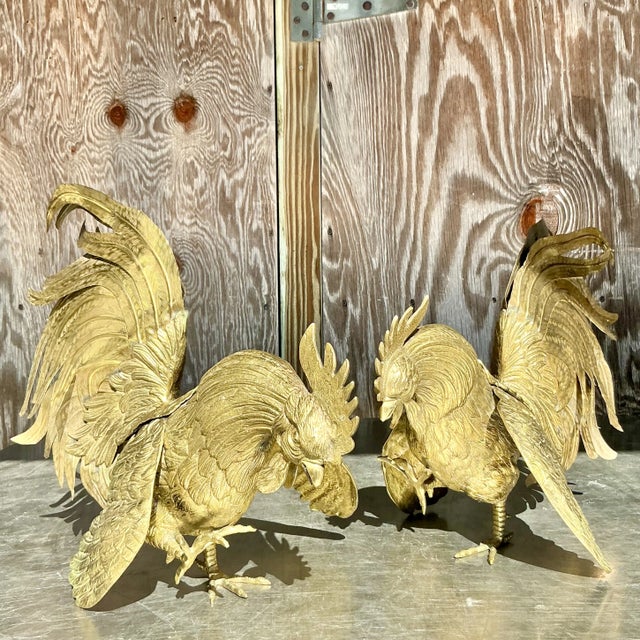 Rustic Vintage Boho Brass Roosters - a Pair For Sale - Image 3 of 11