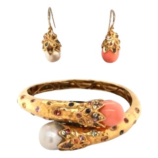 Bochic "Orient" Vintage Sapphire & Pearl Earrings & Bangle 18K & Silver For Sale