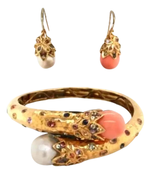 Bochic "Orient" Vintage Sapphire & Pearl Earrings & Bangle 18K & Silver