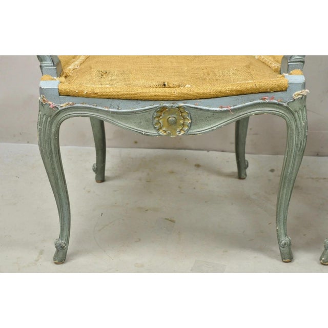 Antique French Louis XV Style Blue Painted Cane Back Fauteuil Arm Chairs - Pair For Sale - Image 12 of 12