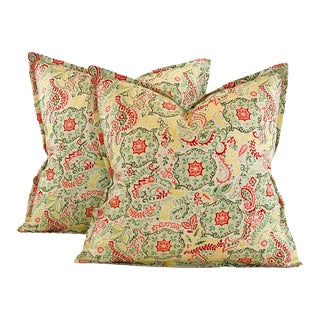 Designer P Kaufmann Cream Coral Green Yellow Botanical Floral Medallion Paisley Suzani Pillow Covers- 21" Pair For Sale