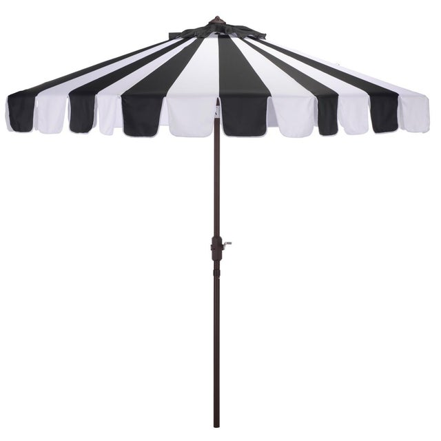 Meze 9 Ft Crank Umbrella, Black Cabana Stripe/Brown Pole For Sale - Image 9 of 9