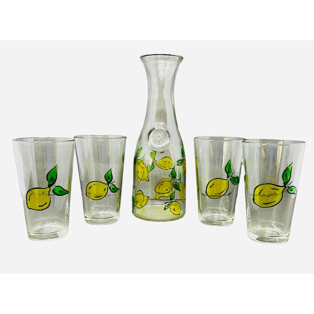Vintage Cresi Hand Painted Lemons Carafe With Glasses a Set of 5 For Sale - Image 4 of 10