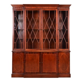 Baker Furniture Historic Charleston Georgian Inlaid Mahogany Lighted Breakfront Bookcase Cabinet For Sale