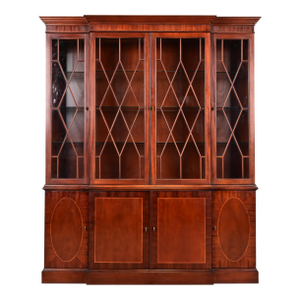 Baker Furniture Historic Charleston Georgian Inlaid Mahogany Lighted Breakfront Bookcase Cabinet