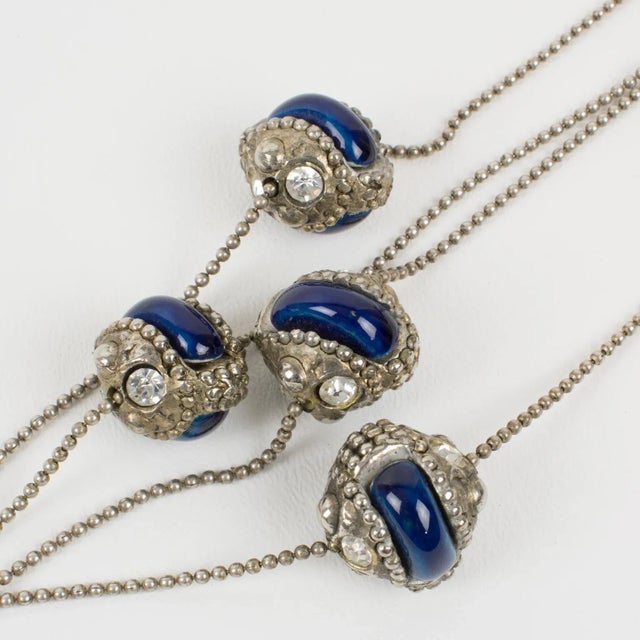 Contemporary Alexis Lahellec Paris Extra Long Silvered Metal Necklace With Blue Ceramic Beads For Sale - Image 3 of 12