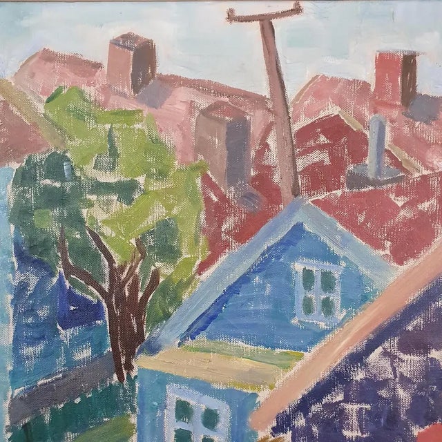 1950s Mid Century Swedish Modernist Cityscape Oil Painting by G. Axelsson For Sale - Image 9 of 18