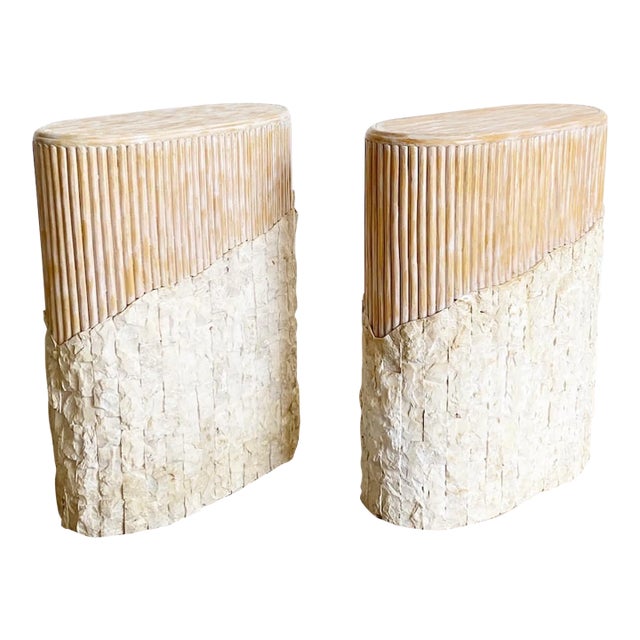 Boho Chic Tessellated Stone and Split Reed Pedestals - a Pair For Sale