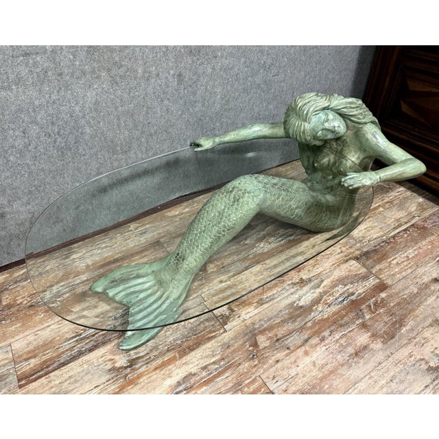 Coffee Table with Bronze Mermaid Motif, 1970s For Sale - Image 3 of 8