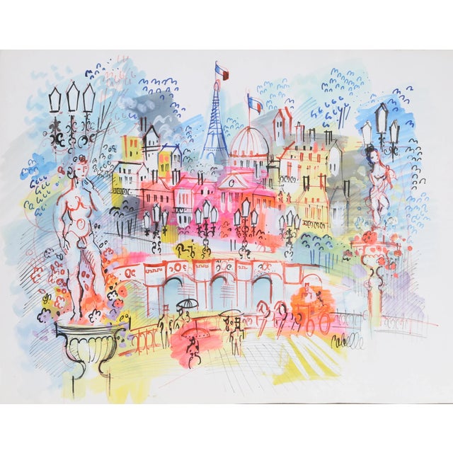 Male Sculpture with Eiffel Tower in Paris Cityscape Charles Cobelle Medium: Acrylic on Paper, signed l.r. Year: 1944 Size:...