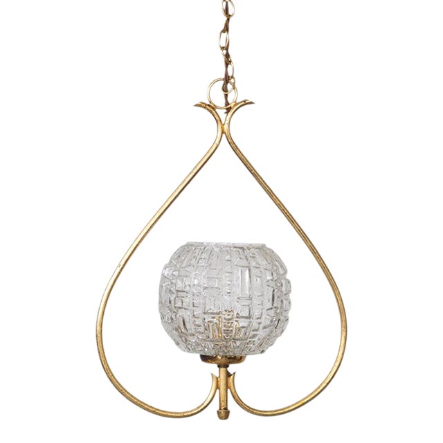 1950s French Brass and Glass Pendant Light For Sale