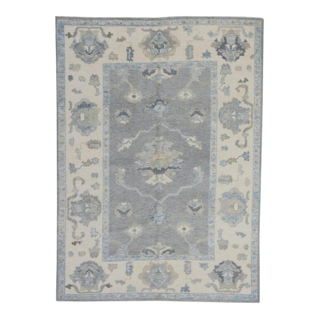 Early 21st Century Gray Floral Design Handwoven Wool Turkish Oushak Rug 4'9" X 6'5" For Sale