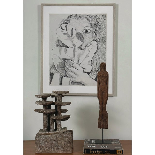 Lucian Freud - Expressionist Female Portrait Pigment Print, Framed. Early Freud illustration of a woman with a leaf....