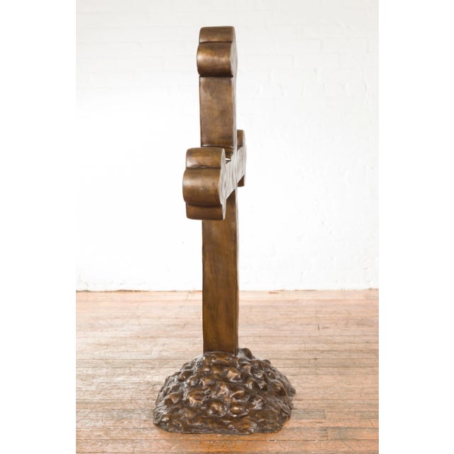 Contemporary Contemporary Bronze Religious Cross with Trifold Extremities and Rocky Base For Sale - Image 3 of 12