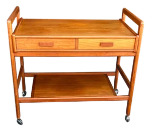 1960s Danish Modern Teak Bar Cart – Restored Two-Tier Design With Drawers and Casters