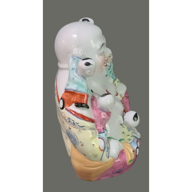 Ceramic Vintage Hand Painted Colorful Famille Rose Fertility Happy Buddha Statue For Sale - Image 7 of 11