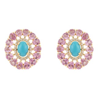 6.32ct Cabochon Turquoise Pink Sapphire & Diamond Floral Stud Earrings 14k Gold- A Pair For Sale