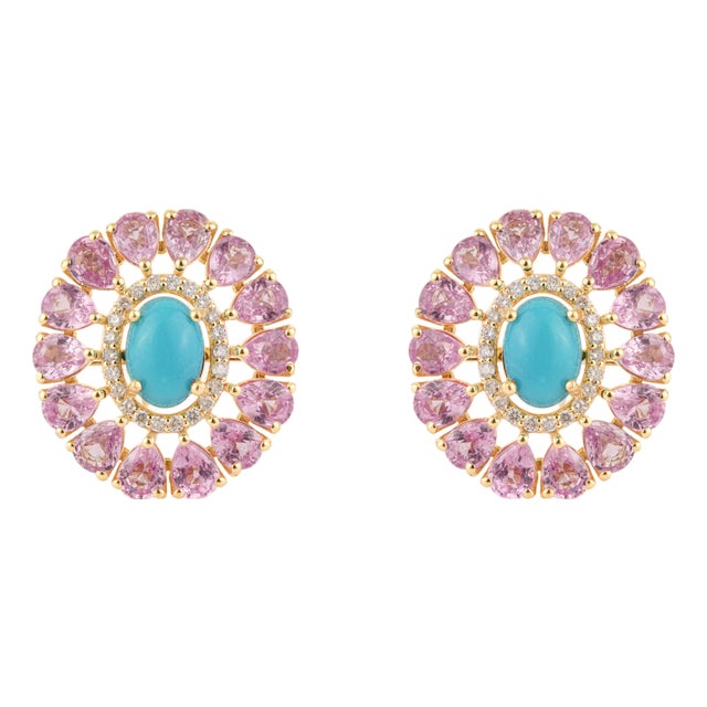 6.32ct Cabochon Turquoise Pink Sapphire & Diamond Floral Stud Earrings 14k Gold- A Pair For Sale
