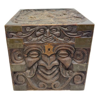 Antique 19th Century Victorian Hand Carved Wood Brass Folk Art Sculptural Box For Sale