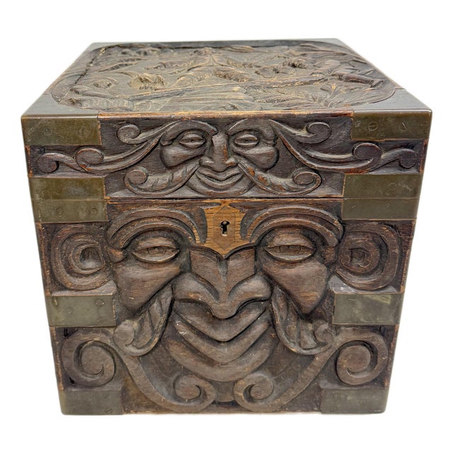 Antique 19th Century Victorian Hand Carved Wood Brass Folk Art Sculptural Box For Sale