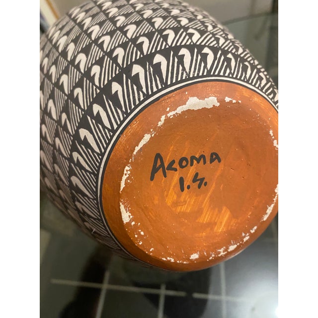 Black Acoma Native American 11” Pottery Vase Black and White Geometric Design Signed For Sale - Image 8 of 11