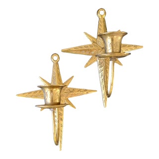 1960s Brass Starburst Candle Sconces - Pair For Sale