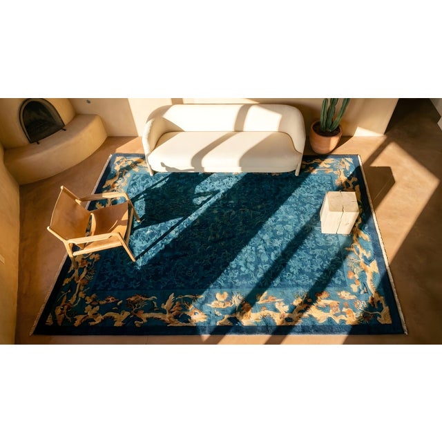 Vibrant Blue Color With Gold Figurative Borders Antique Chinese Peking Rug For Sale - Image 10 of 10