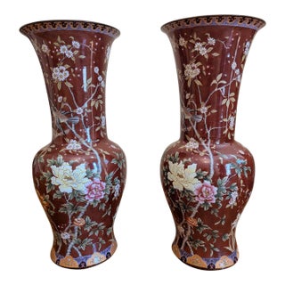 1980s Exceptional & Rare Pair of Extra Tall Castilian Floral Porcelain 32" Vases - Highly Collectable For Sale
