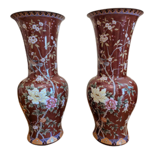 1980s Exceptional & Rare Pair of Extra Tall Castilian Floral Porcelain 32" Vases - Highly Collectable