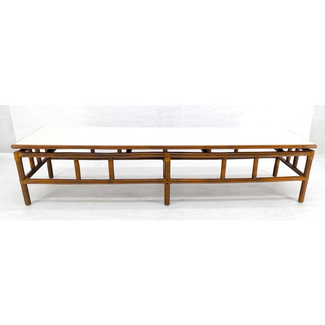 Mid Century c1970s Rattan Bamboo White Formica Top 72” Long Coffee Table MINT For Sale - Image 10 of 15