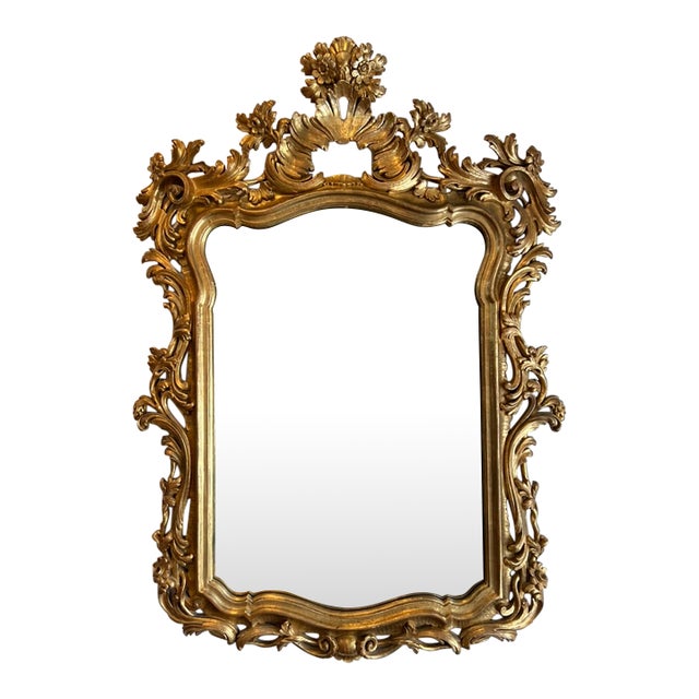 Mid-Century Italian Rococo Revival Giltwood Mirror With Elaborate Foliate Crest For Sale
