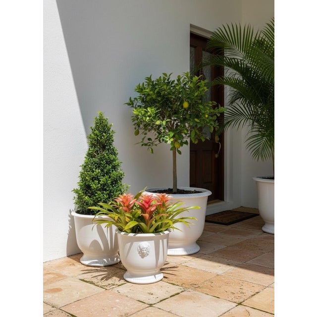 Ceramic Contemporary Italian White Glazed Ceramic Cachepot With Bacchic Mascarons For Sale - Image 7 of 9