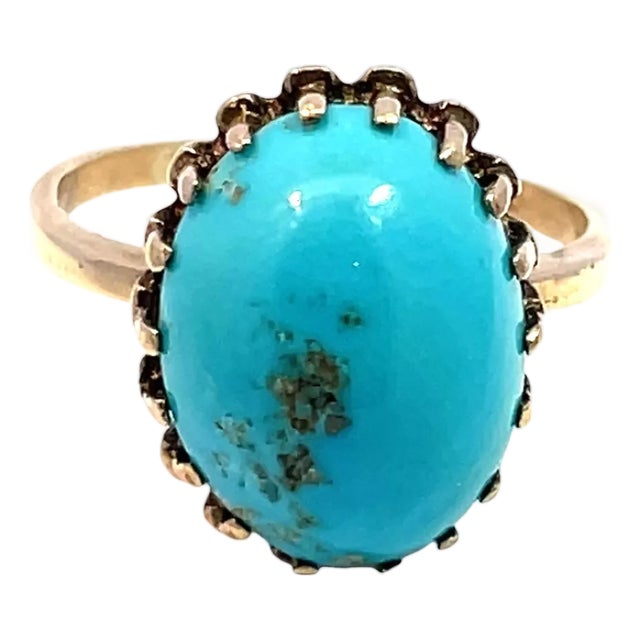 10k Yellow Gold Dome Shape Oval Turquoise Ring, Size 5 For Sale