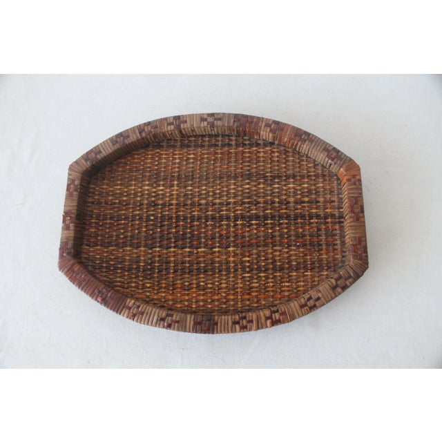 Mid-Century Woven Wicker Rattan Wood Oval Serving Tray Vintage For Sale - Image 9 of 9