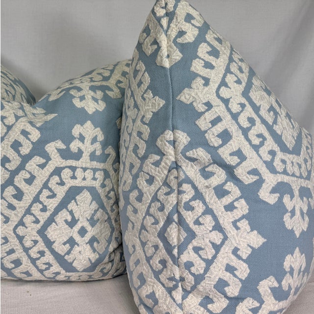 Transitional Schumacher "Omar Embroidery" in Color Sky 22" Pillows-a Pair For Sale - Image 3 of 3