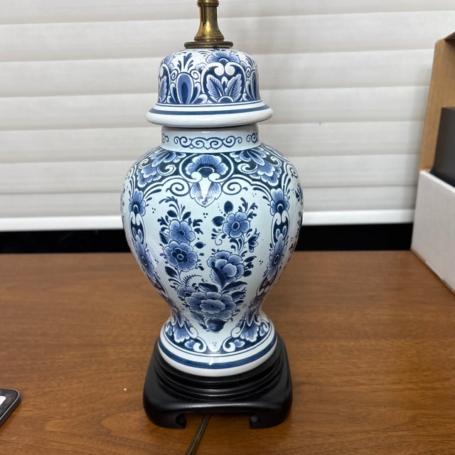 Art Nouveau 1990s Blue and White Pottery Lamp Attributed to Royal Delft For Sale - Image 3 of 5