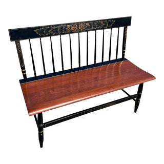 Hold for Jess: Buyer Pick Up-Hitchcock Deacon’s Bench W/Harvest Stencils Windsor Spindle Back Black W/Maple Seat For Sale