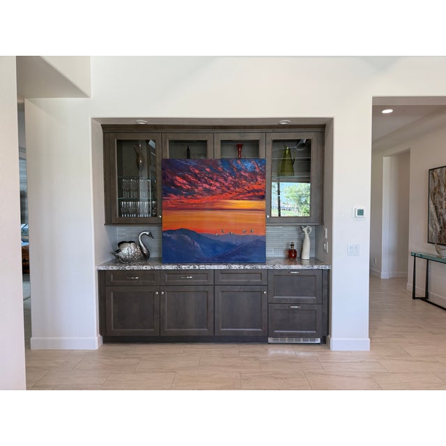 Large Contemporary Oil Painting Cranes Over Sunset 48x48” For Sale - Image 10 of 17