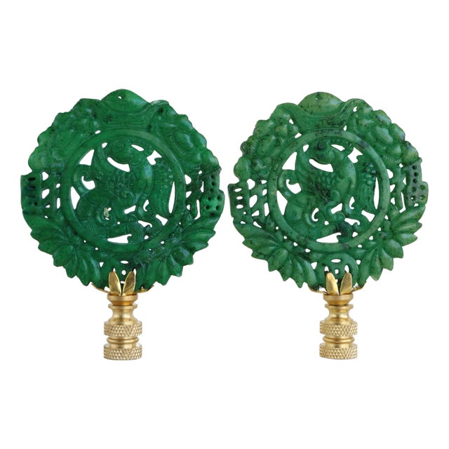 Wreathed Bird Chinese Carved Stone Lamp Finials on Brass Hardware - A Matching Pair For Sale