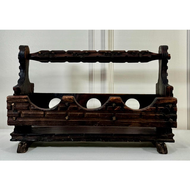 Wood Vintage Mid Century Spanish Revival Solid Wood & Brass Three Wine Bottle Holder For Sale - Image 7 of 12