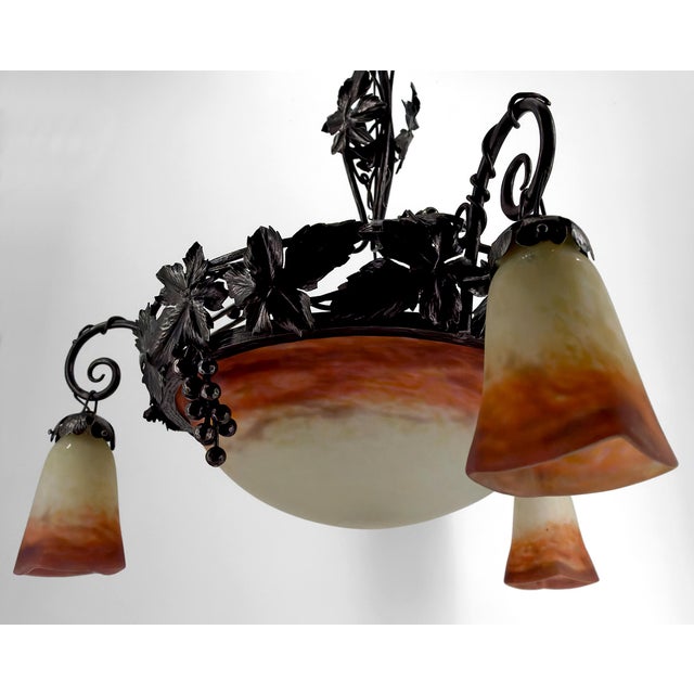 Metal Art Deco Chandelier in Wrought Iron and Blown Glass from Muller Frères Lunéville, France, 1920s For Sale - Image 7 of 18