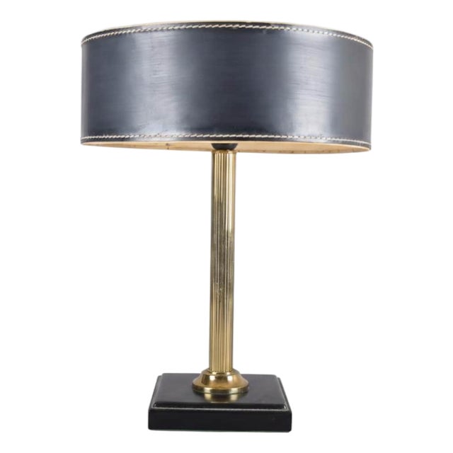Mid-Century Modern French Table Lamp in Brass and Black Leather, 1960s For Sale