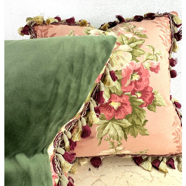 Textile Early 20th Century American Broad Cloth Tasseled Floral Pillows/a Pair For Sale - Image 7 of 11