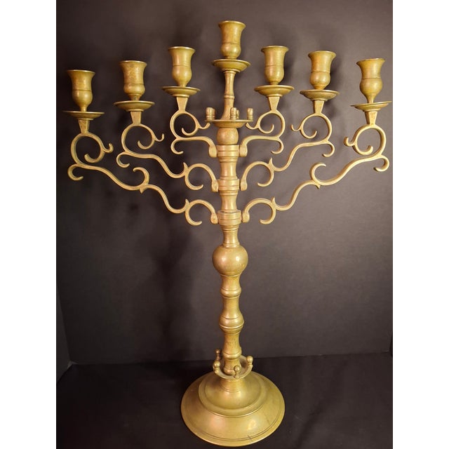 Rare 19thC Antique Polish Brass Menorah Large 22.7" 7 Branch Synagogue Knops For Sale - Image 9 of 18