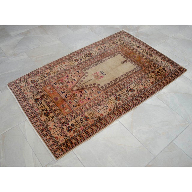 Vintage Hand-Knotted Turkish Rug Prayer Rug Super Fine Wool Rug Wall Decor Religious Tapestry 3x5 Ft Approx For Sale - Image 10 of 18