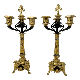 Antique Pair French Champlevé Enamel Ormolu Gilt Bronze Candelabra Candlesticks For Sale