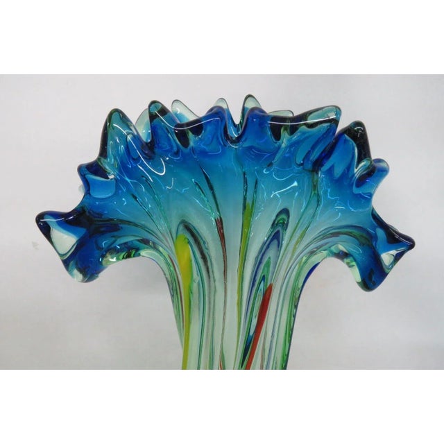Glass Mid Century Modern Hand Blown Glass Twisted Fan Rim Tall Vase For Sale - Image 7 of 13