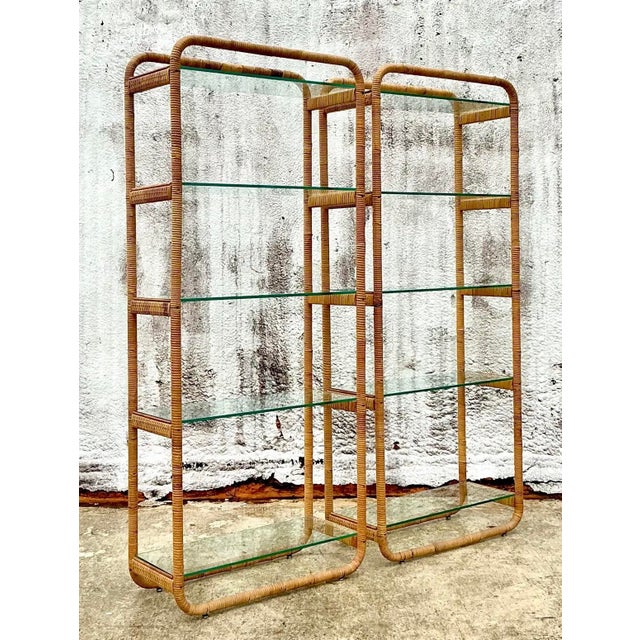Contemporary Vintage Boho Curved Cornered Wrapped Rattan Etagere - A Pair For Sale - Image 3 of 8