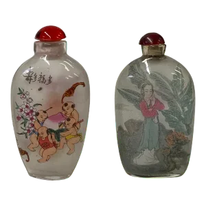 2 X Chinese Glass Snuff Bottle Oriental Scenery People Graphic