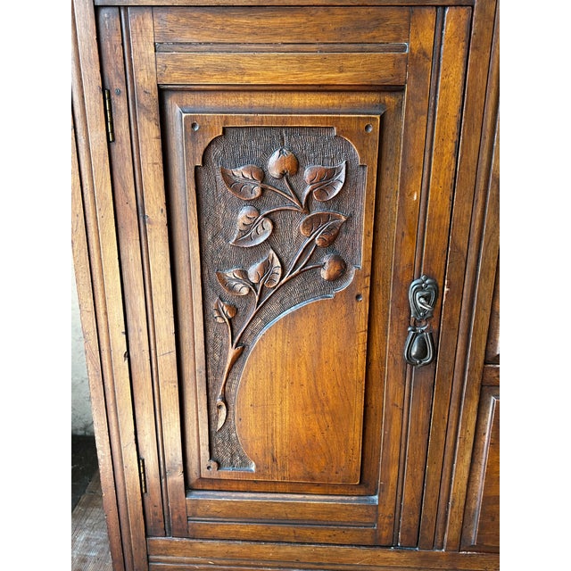 Wood English Edwardian Art Nouveau Walnut Sideboard with Hand-Carved Floral Panels, 1900s For Sale - Image 7 of 15